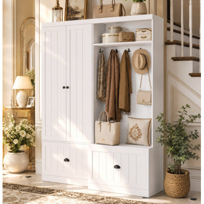 55.3" W White Farmhouse 2-Piece Hall Tree Set with Storage Cabinet, Bench, 6 Hooks and 2 Drawers