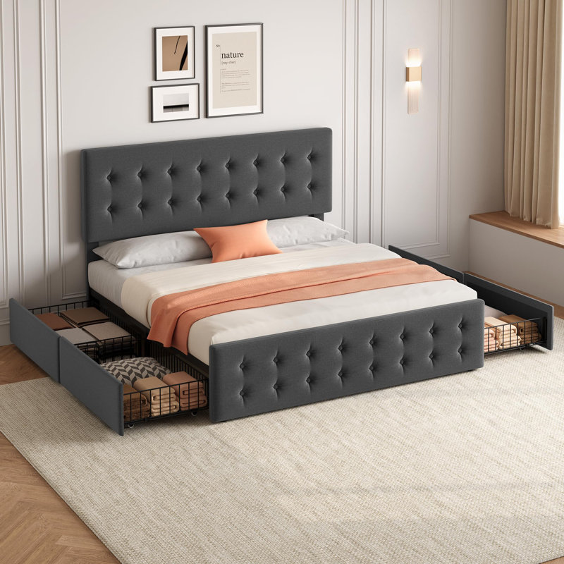 Bed Frame With Adjustable Headboard And 4 Storage Drawers, Dark Grey, King
