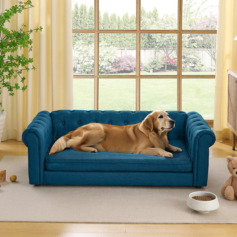Élégant lit pour animaux de compagnie rectangulaire pour chiens grands et surdimensionnés, canapé-lit surélevé durable, canapé pour chien confortable, canapé pour chien en tissu de lin moderne et tendance - Bleu foncé