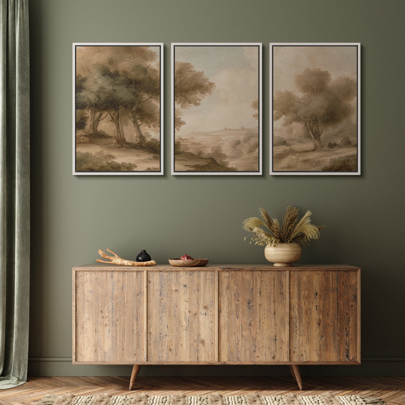 Sépia Woodland Horizon avec arbres et Rolling Hills - photos, impression sur toile encadrée 3 pièces, Cadre blanc