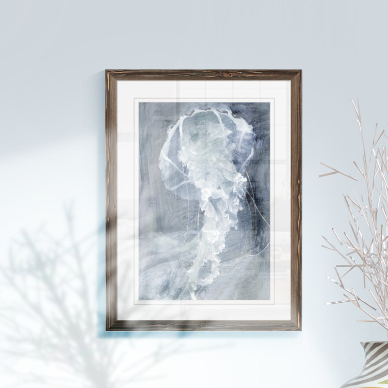 «Indigo Jellyfish I», reproduction d'art encadrée, Papier avec encadré espresso, H 28 po x l 38 po x P 1,3 po