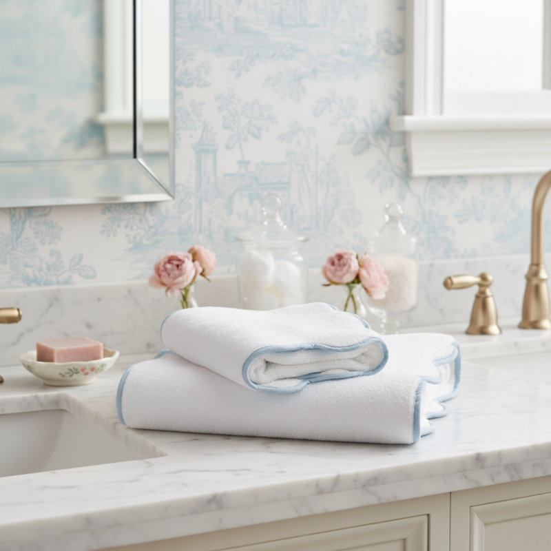Luxury Cotton Towel Set - Fluffy, Ultra Soft & Highly Absorbent - Scallop Piping, Bath Sheets - 2 Pack, White/Blue