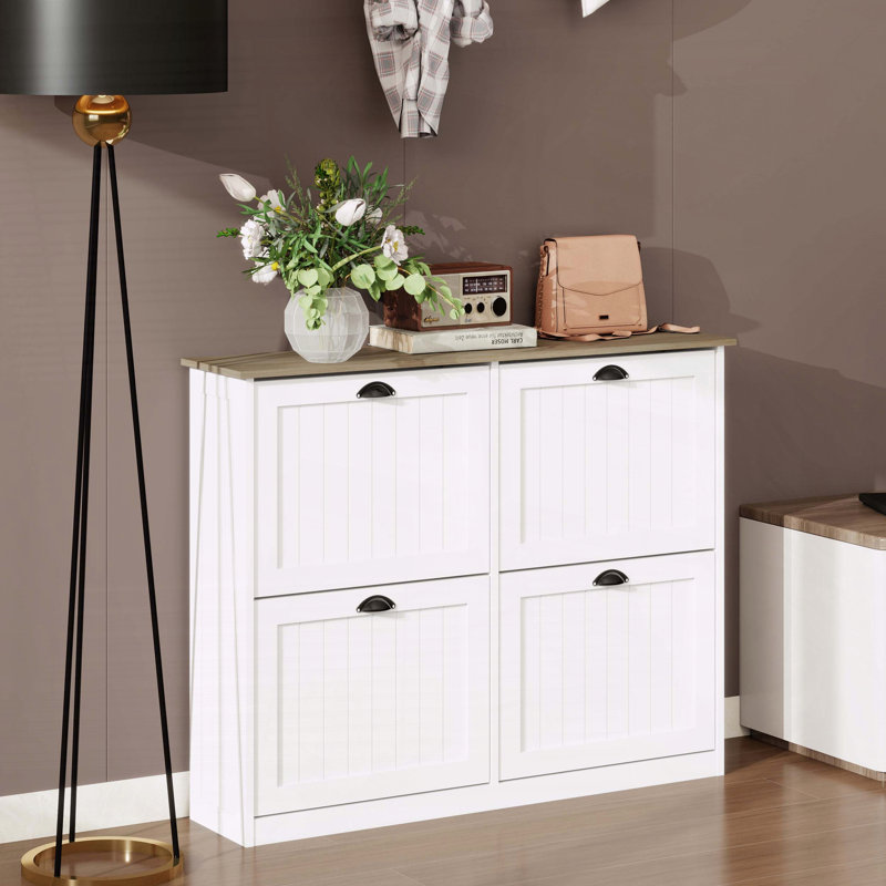 White Flip-Drawer Shoe Storage Cabinet with Adjustable Shelf & Anti-Tip Design