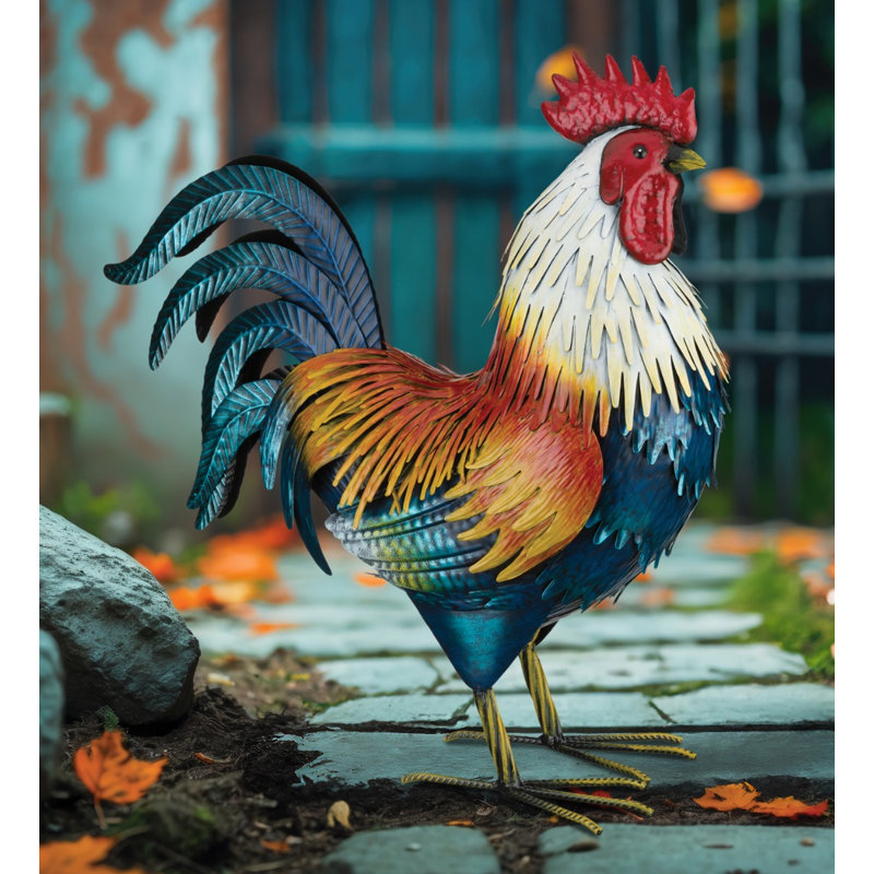 Statue de jardin coq doré en métal avec textures de plumes détaillées et finition peinte à la main résistante aux intempéries