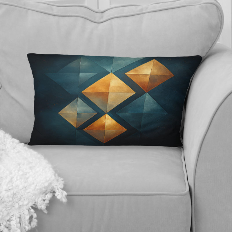 Coussin décoratif à imprimé géométrique abstrait «Golden Diamond Rising On» bleu marine rétro