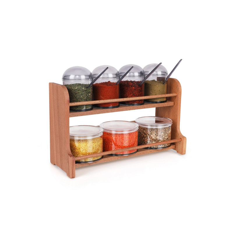 Ensemble de pots à épices et tablettes de cuisine (7 pièces) | Bocaux 100% plastique (4 x 9,0 cm, 275 ml et 3 x 10,0 cm, 400 ml) et support 100% bois (13,4 x 4,9 x 7,9 pouces) | Sans BPA, va au lave-vaisselle, mauve élégant et bois pour une cuisine organisée