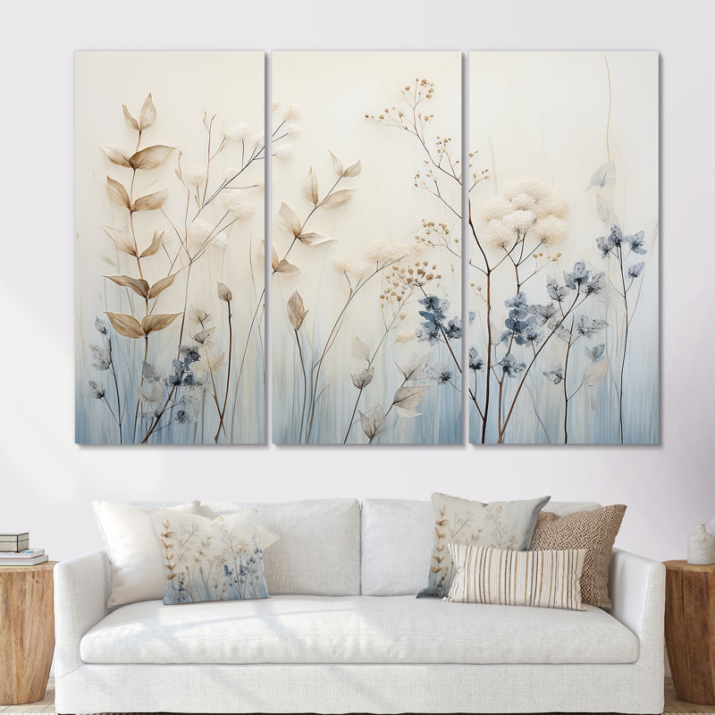 «Beige and Blue Herbs Minimal Harmony - Floral Herbs», ensemble de reproduction d'art mural, Toile tendue