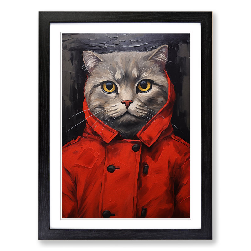 Cat Neo-Plasticism - Single Picture Frame Print on Wood, 34cm H x 25cm W x 2cm D, Black Framed