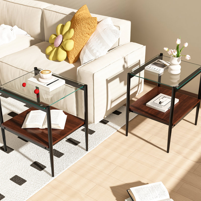 De 2 tables de bout en verre transparent avec couche et pieds l 15,34 po x H 20,69 po, structure trempée