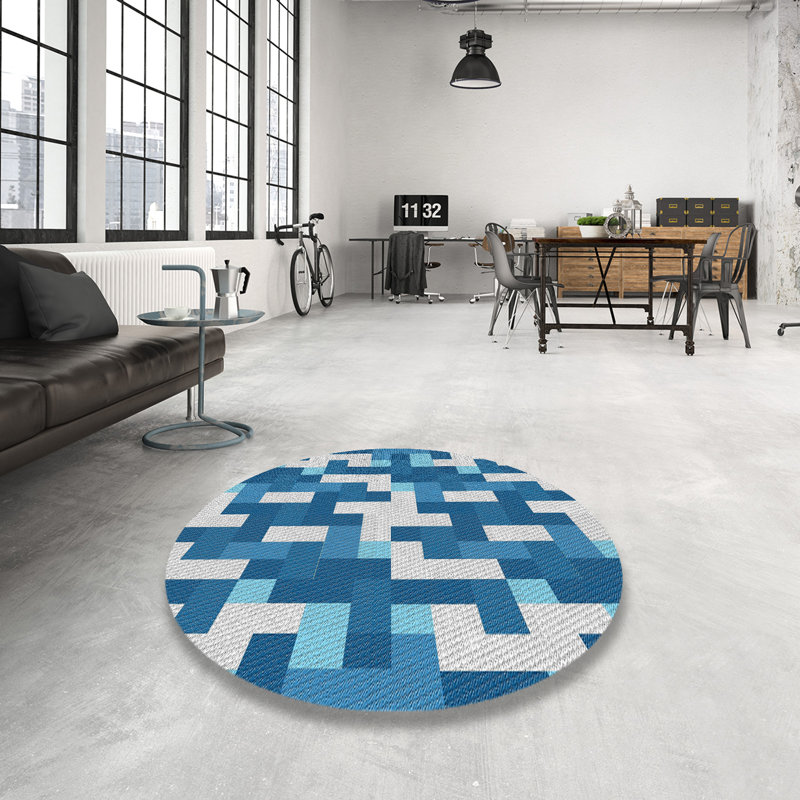 Tapis bleu/bleu/blanc à motifs, Rond 3 pi