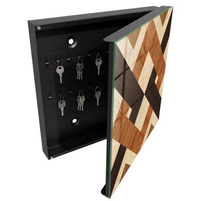 Key storage box, Opens to the right, 30x30x5, White, Geometric patterns beige brown black, 