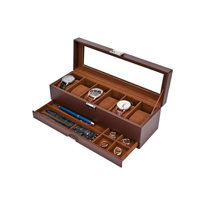 Watch Box 6 Slot Watch Display Case with Drawer 2Layer Jewelry and Watch Storage