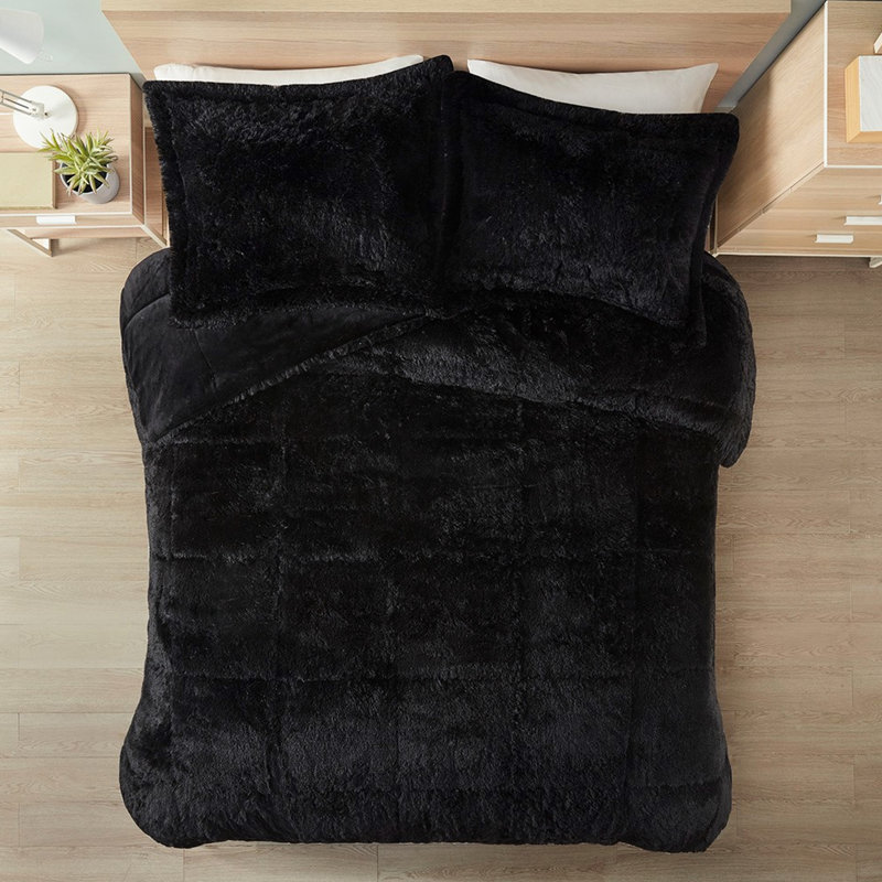 Ensemble de couette à poil long à poil long - pour lit double / grand lit, noir et moelleux