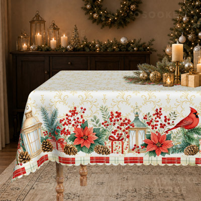 Nappe rétro, poinsettia et cardinal de Noël, housse de table rustique en hiver