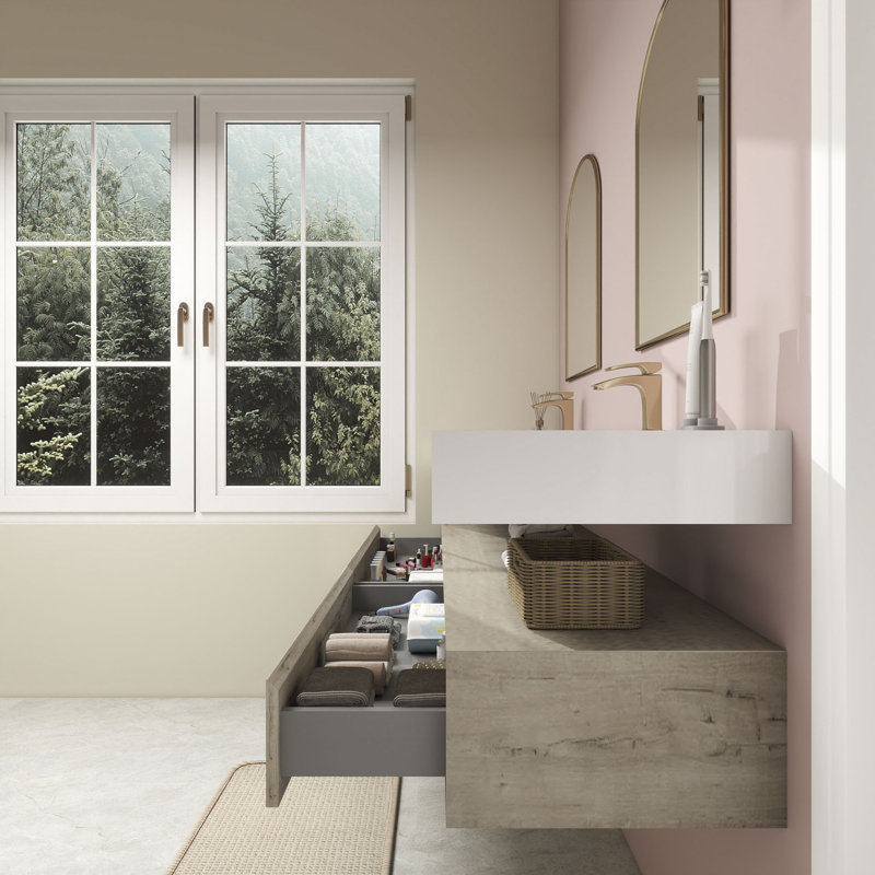 Ensemble de meuble-lavabo double mural 84 po Alysa, Blanc / Chêne