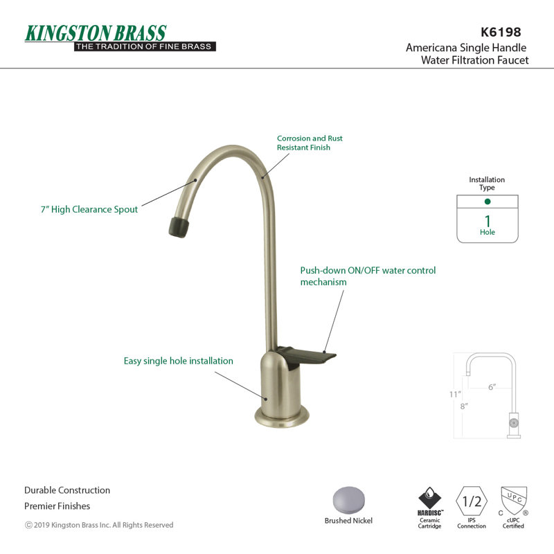 Kingston Brass Americana Single-Handle 1-Hole Deck Mount Water Filtration Faucet, Brushed Nickel