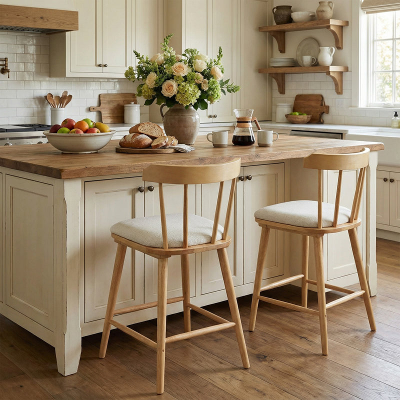 Alva Scandinavian Modern Wooden Upholstered Counter Stool with Ergonomic Seat, Natural
