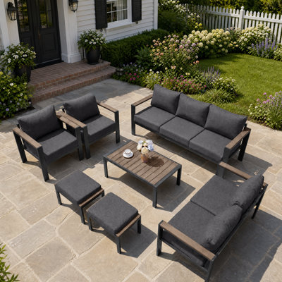 9-Seat Aluminum Outdoor Patio Conversation Set 7 Pieces with Coffee Table, 3-Seat Sofa, Lovesea, 2 Chairs and 2 Ottoman with Washable Cushions,  Dark Gray