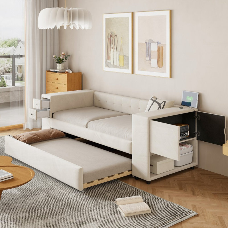 Lit simple tapissier avec rangement Lit gigogne, chargement USB, velours français, beige (L 90,9 po x l 42,2 po x H 25,9 po), aucun sommier requis, support solide