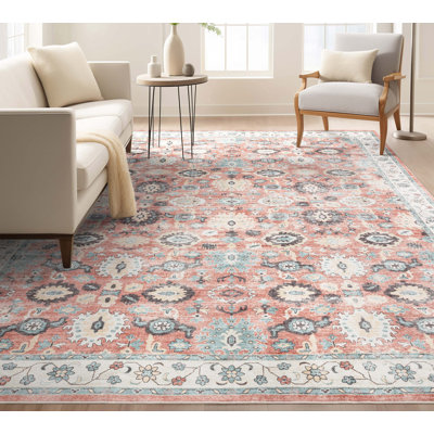 Maloy Oriental Power Loom Polyester Area Rug in Coral