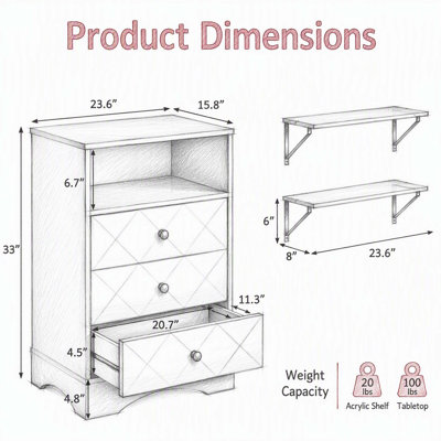 Commode de rangement multifonctionnelle moderne blanche, trois tiroirs coulissants associés à un espace de rangement ouvert sur étagères flottantes, fini extérieur lisse peint, meuble adapté aux corridors, placards, salons, chambres et chambres d'enfants
