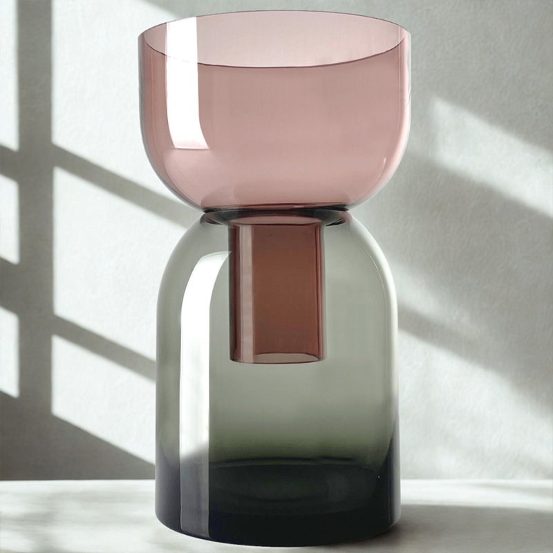 Vase en verre rose moyen et jaune, Gris / Rose