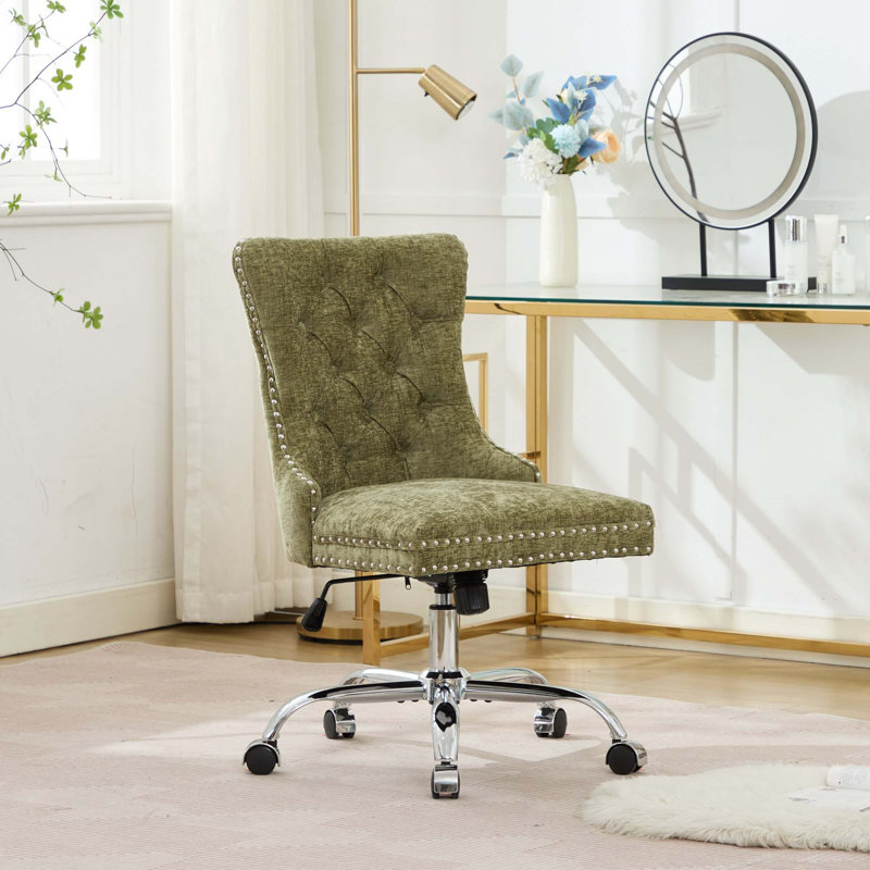 Chaise de bureau moderne rembourrée et capitonnée à boutons avec base en métal, Chenille, Vert, Argent argent