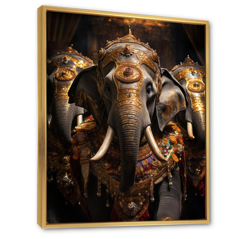 Art asiatique, éléphants thaïlandais sur toile, H 20 po x l 12 po x P 1 po, Cadre flottant doré