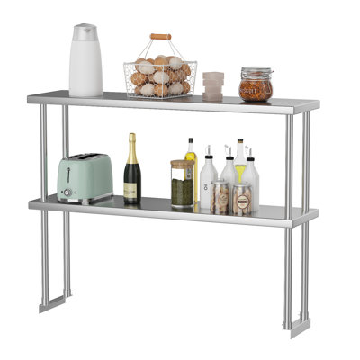 Heavy Duty Stainless Steel 2-Tier Overshelf for Prep & Work Table – Adjustable Double Shelf Storage Rack, Commercial Kitchen Organization for Restaurant, Garage, Workshop, Utility Room, Size: 12x48in