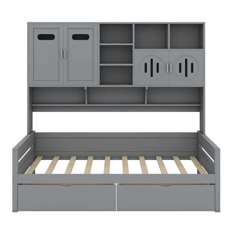 A Twin-Sized Wooden Daybed Featuring Two Built-In Drawers And A Convenient Shelf, Grey