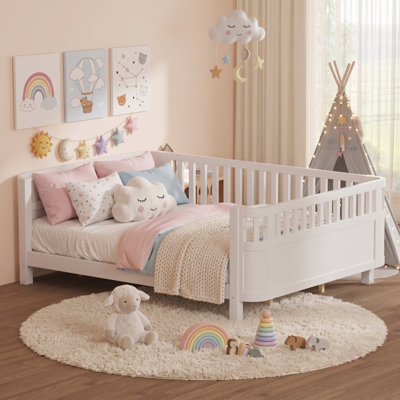 Low Profile Kids Platform Bed with Safety Rails, Removable Guardrail Toddler Bed Frame, Wood Slat Support, White, Queen