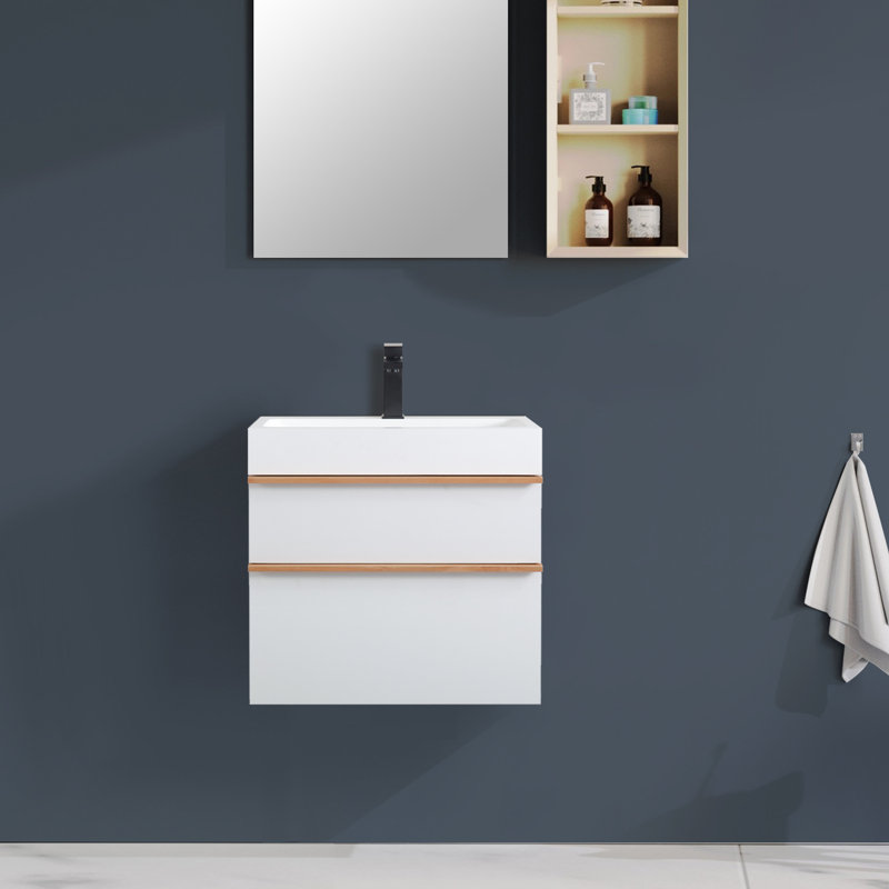 Meuble-lavabo mural de salle de bain avec lavabo, meuble-lavabo flottant avec tiroirs à fermeture en douceur, Blanc, 24"