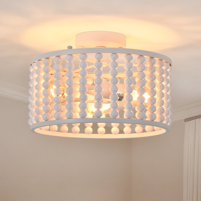 Boho Wood Bead Flush Mount Ceiling Light, 13" Diameter, white, 3-light E26, White