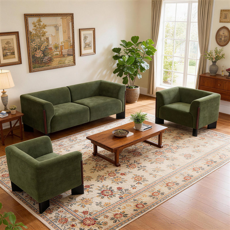 Ensemble de salon en chenille vert 3 pièces avec accoudoirs courbés et pieds en bois massif, Chenille verte