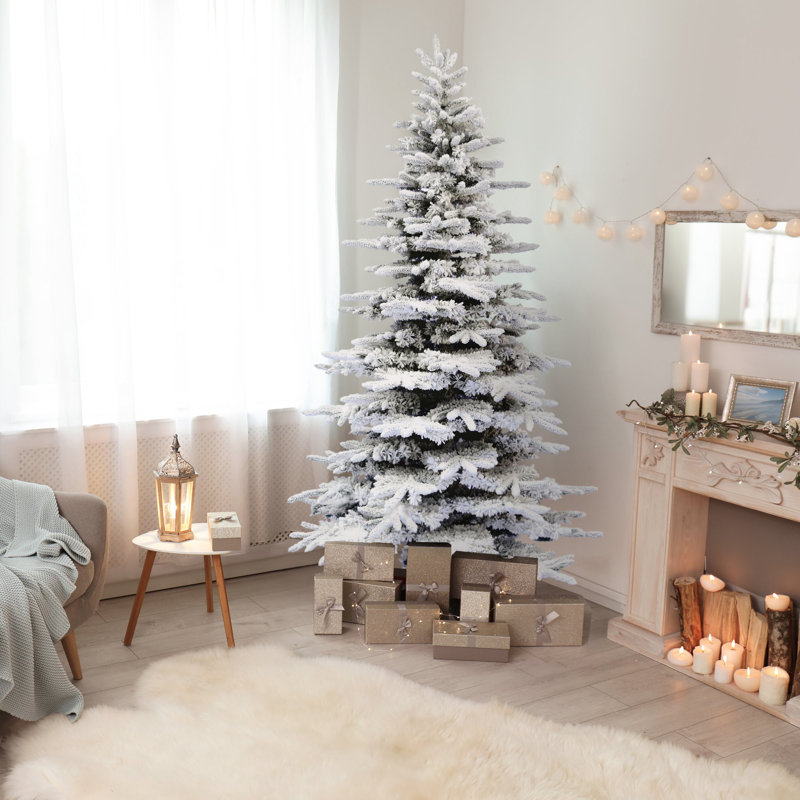 Fraser Hill Farm 9 ft. Pine Valley Flocked Artificial Prelit Christmas Tree with White Incandescent Smart Lights, 9 ft.