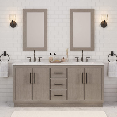 Kamila 72" Carrara White Marble Countertop Bath Vanity in Grey Oak with Mirror