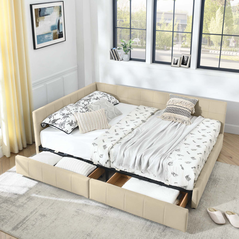 Structure de lit capitonnée avec rangement, Beige