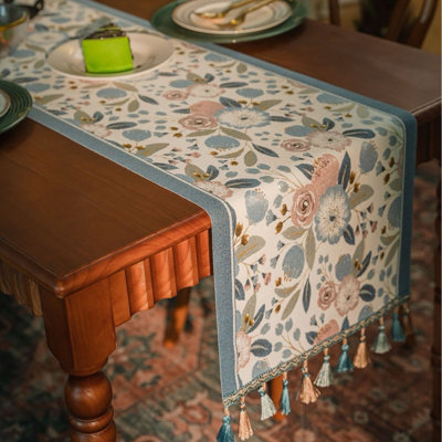 Blue and Blush Floral Table Runner - 35 x 240cm