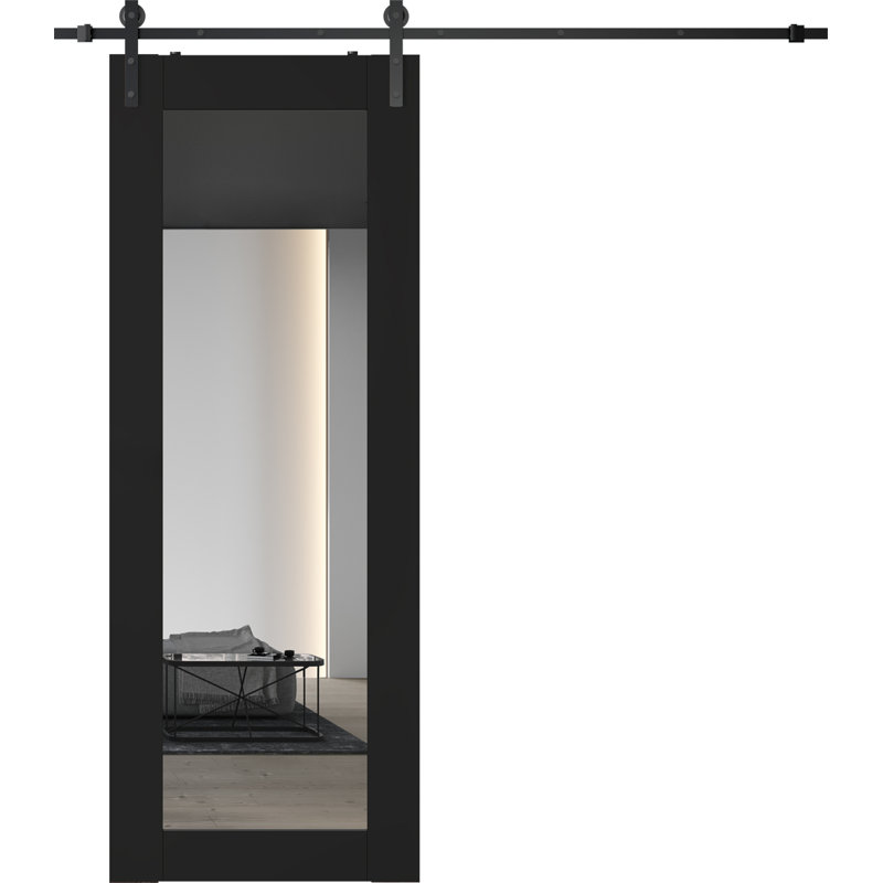 Porte de grange intérieure en bois manufacturé et miroir Avon 207 avec trousse de quincaillerie d'installation, Noir mat