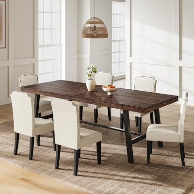 Large Industrial Rectangular Non‑Extendable Dining Table, Seats 8‑10, Durable Metal Frame with Wood‑Look Surface, Heavy‑Duty Dinner Table for Dining R
