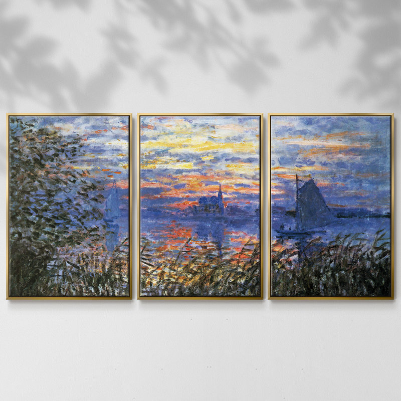 Coucher de soleil sur la seine par Monet - 3 pièces, reproduction sur toile, H 24 po x l 48 po x P 2 po, Or