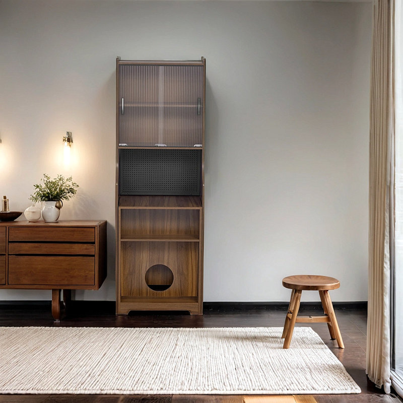 Armoire Mid-Century moderne en noyer rétro multi-usage avec lit à griffes pour chat, armoire d'appoint avec table extensible