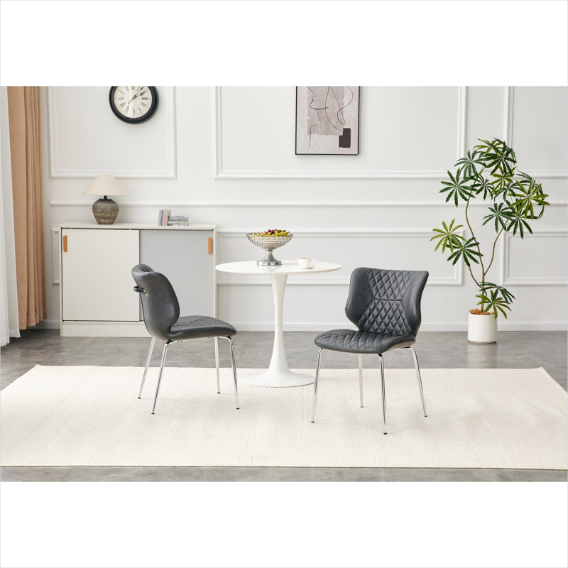 Ensemble de 2 chaises d'appoint Mid-Century capitonnées, cuir véritable gris, pieds en métal galvanisé, dossier haut