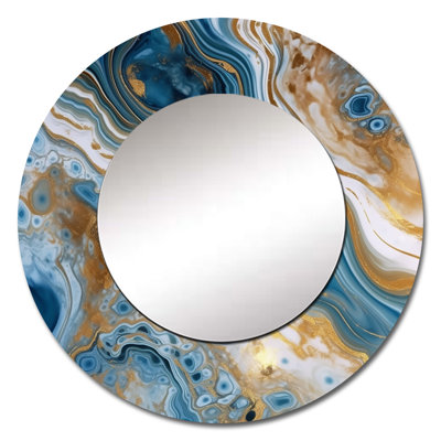 Blue and White Marble Dreams - Abstract Decorative Mirror, Blue Round Wall Mirror, Printed Metal Art