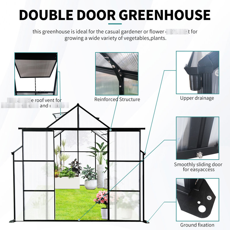 Serre avec porte coulissante à deux portes - 8 x 8 pi pour l'extérieur robuste pour l'extérieur toute saison - noir