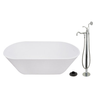 Kingston Arcticstone 67-Inch Solid Surface Oval Double Ended Freestanding Tub With Faucet Combo And Drain