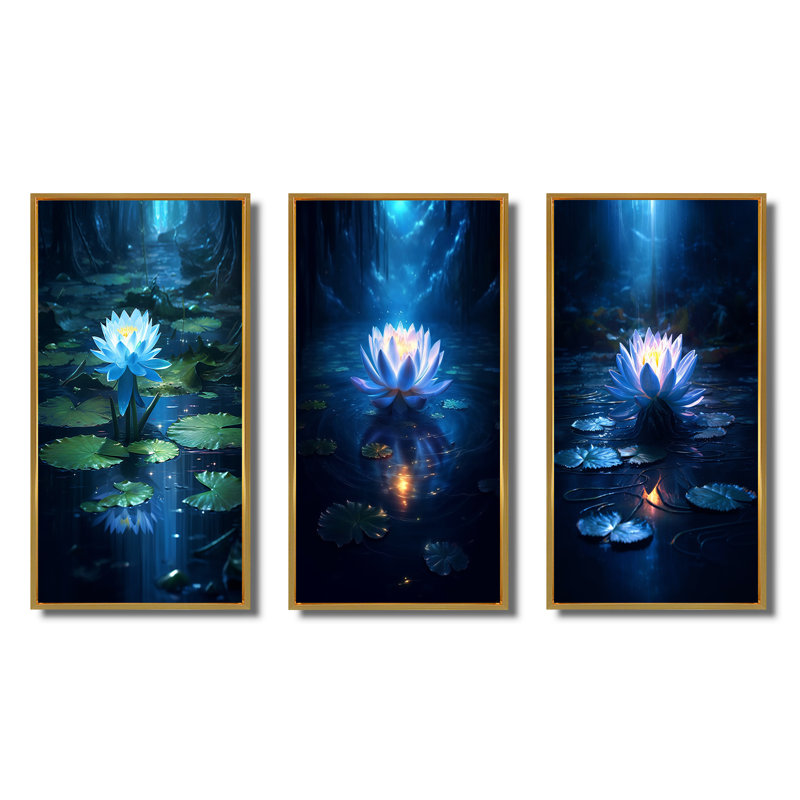 "Lotus bleu en pleine lune" - 3 pièces, Cadre flottant doré, H 28 po x l 36 po