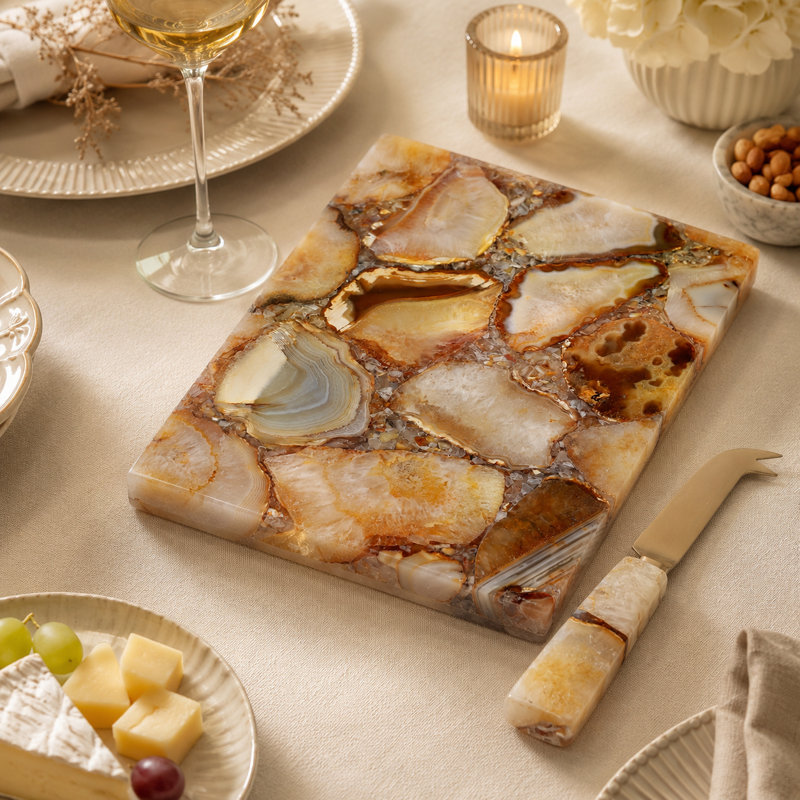 Rectangular Agate & Metal Cheese Serving Board Hostess for Dining Table Entertaining - Kitchen Serveware Set with Spreader for Catering - 8", Brown