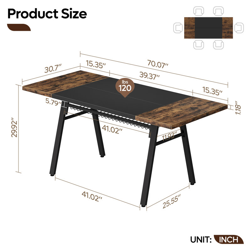 Table de salle à manger rectangulaire 70 po avec table de rangement en bois Gordon, Brun