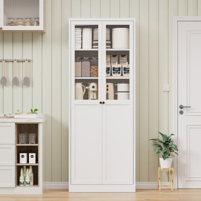 Metal Kitchen Pantry Cabinet - 72" Tall Glass Door Storage with 5 Adjustable Shelves, White Freestanding Cabinet for Kitchen/Pantry/Bathroom/laundry r by Ebern Designs